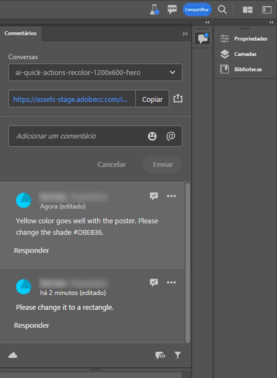 Painel Comentários onde você pode responder e resolver comentários.