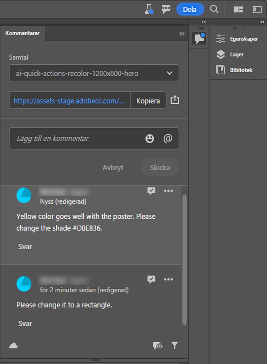 Kommentarspanel där du kan svara på och åtgärda kommentarer.