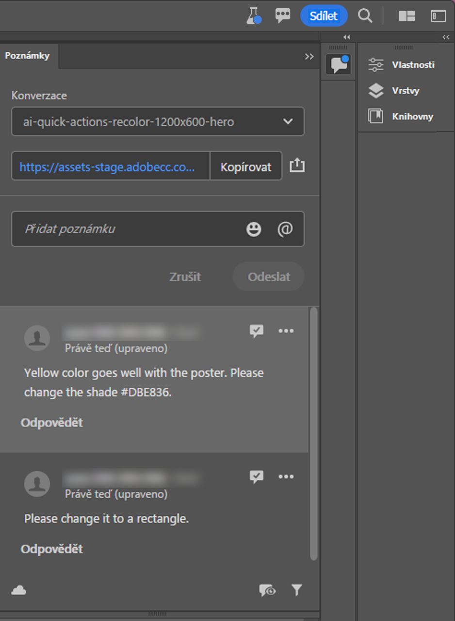 Panel poznámek, kde můžete odpovídat a řešit poznámky.