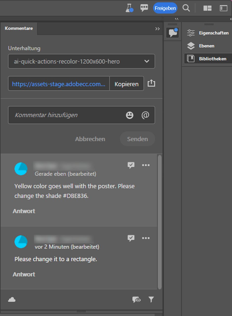 Bedienfeld „Kommentare“, in dem Sie auf Kommentare antworten und als erledigt markieren können.