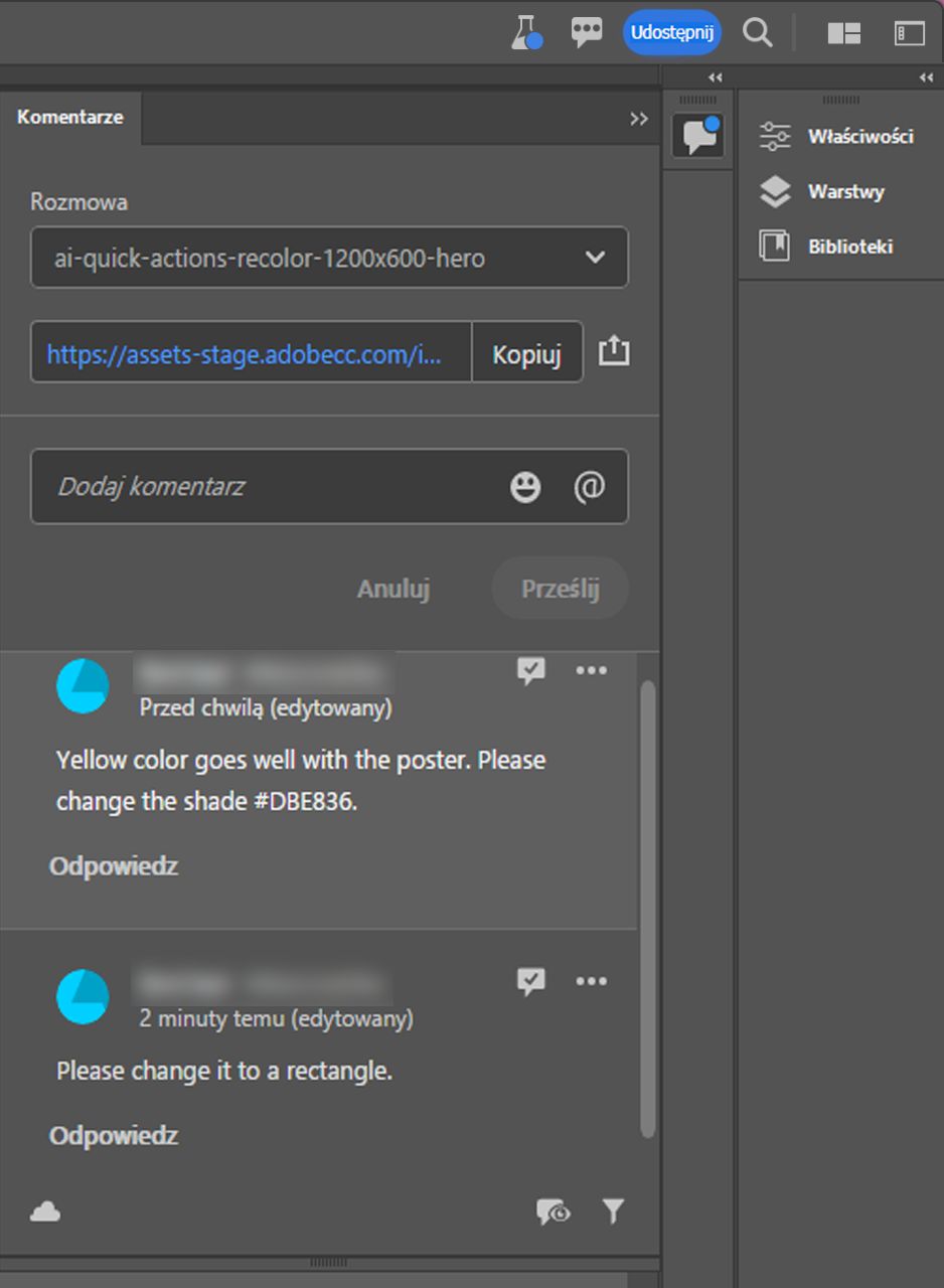 Panel Komentarze, na którym można odpowiadać na komentarze i oznaczać je jako rozwiązane.