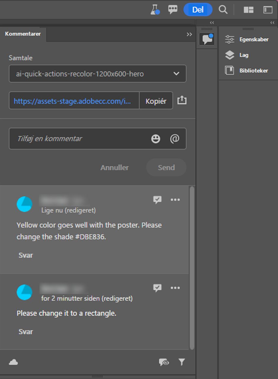 Panelet Kommentarer, hvor du kan besvare og løse kommentarer.