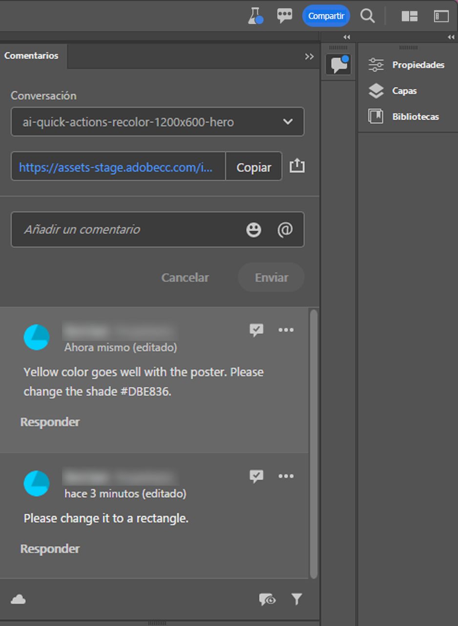 Panel Comentarios donde puede responder y resolver comentarios.