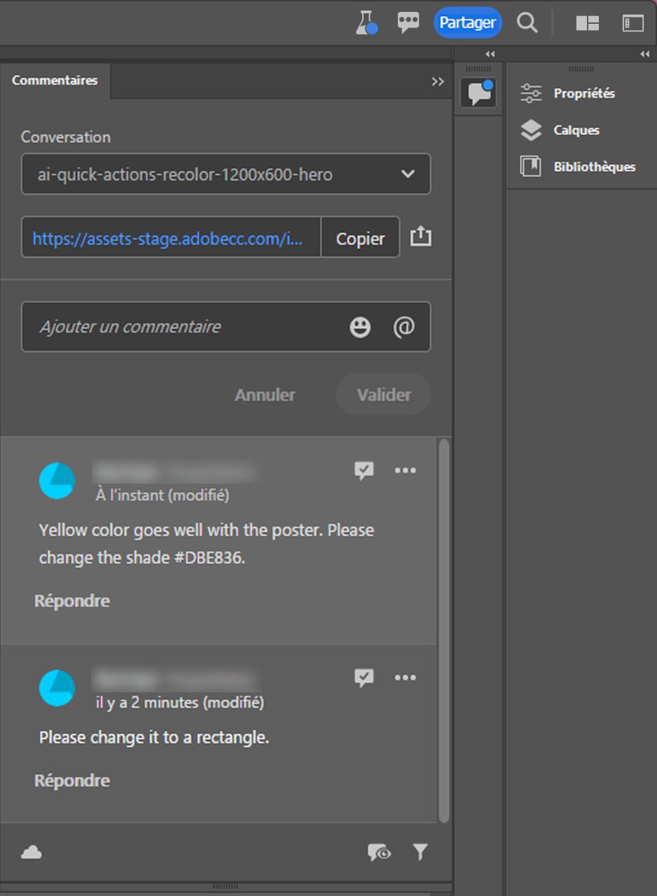 Panneau Commentaires où vous pouvez répondre aux commentaires et les résoudre.