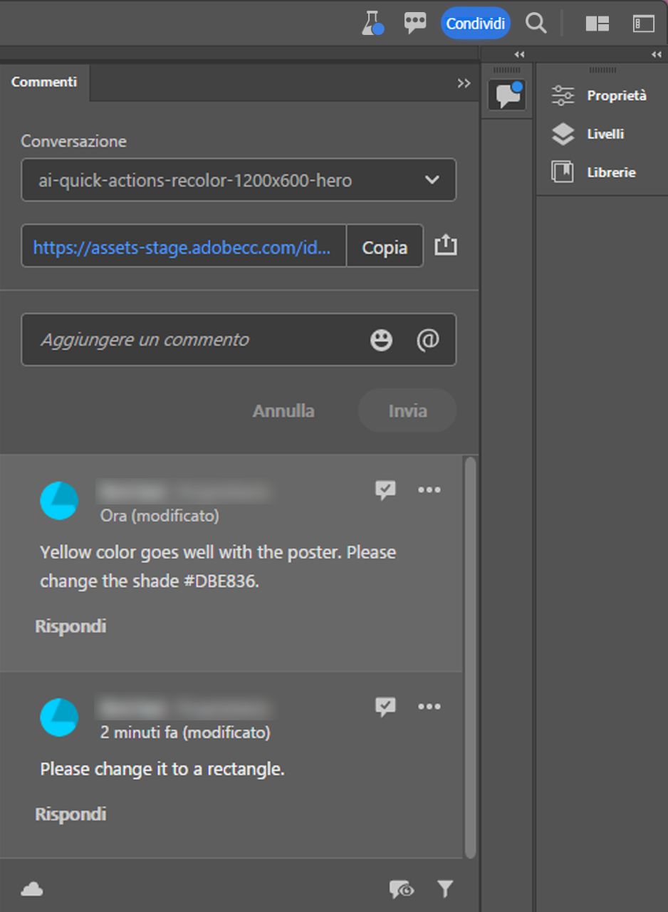 Pannello Commenti in cui rispondere e risolvere i commenti.