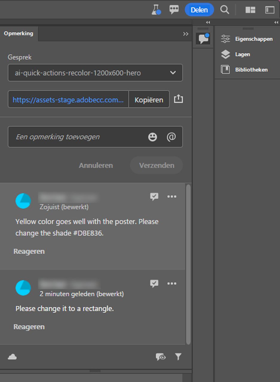 Het deelvenster Opmerkingen waarin u opmerkingen kunt beantwoorden en oplossen.