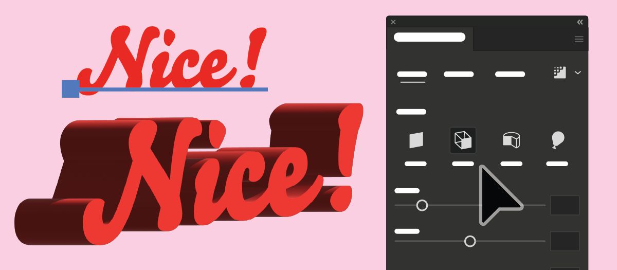 Texte dynamique et 3D appliqués au texte à gauche, et le panneau 3D et matières à droite.