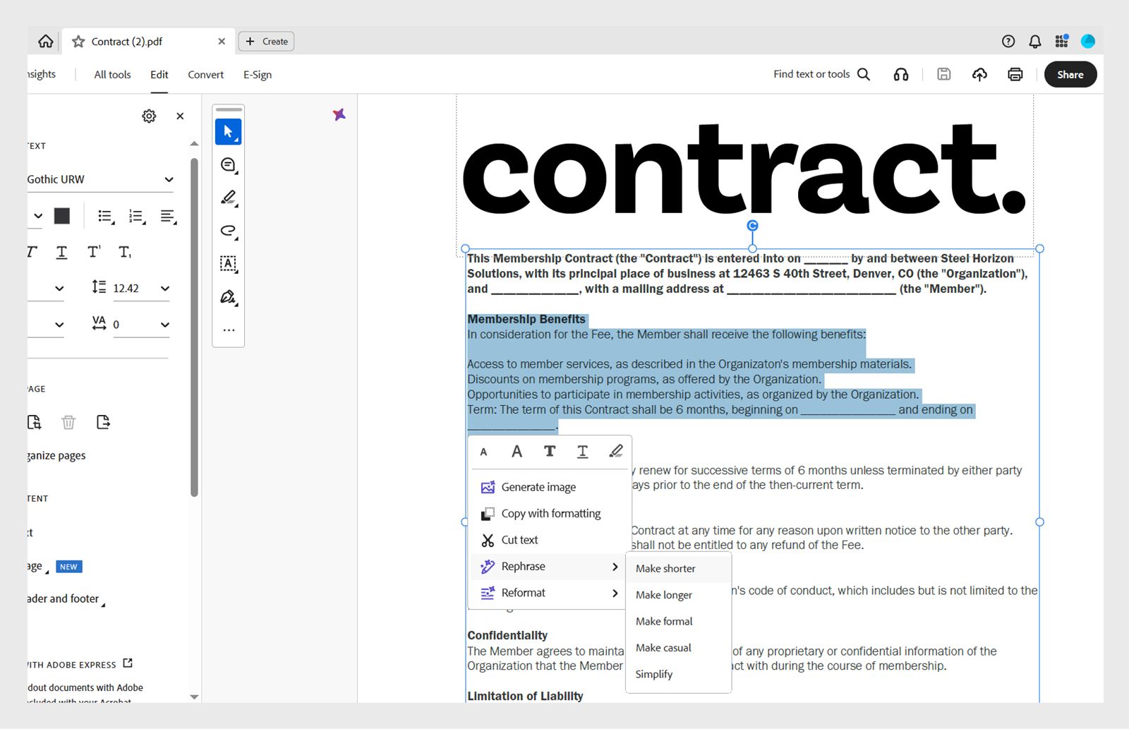 Assistente IA di Acrobat con le opzioni del menu di scelta rapida per riformulare o riformattare il testo selezionato, ad esempio, abbreviare, allungare, modificare il tono, semplificare o convertire in elenchi puntati o paragrafi.