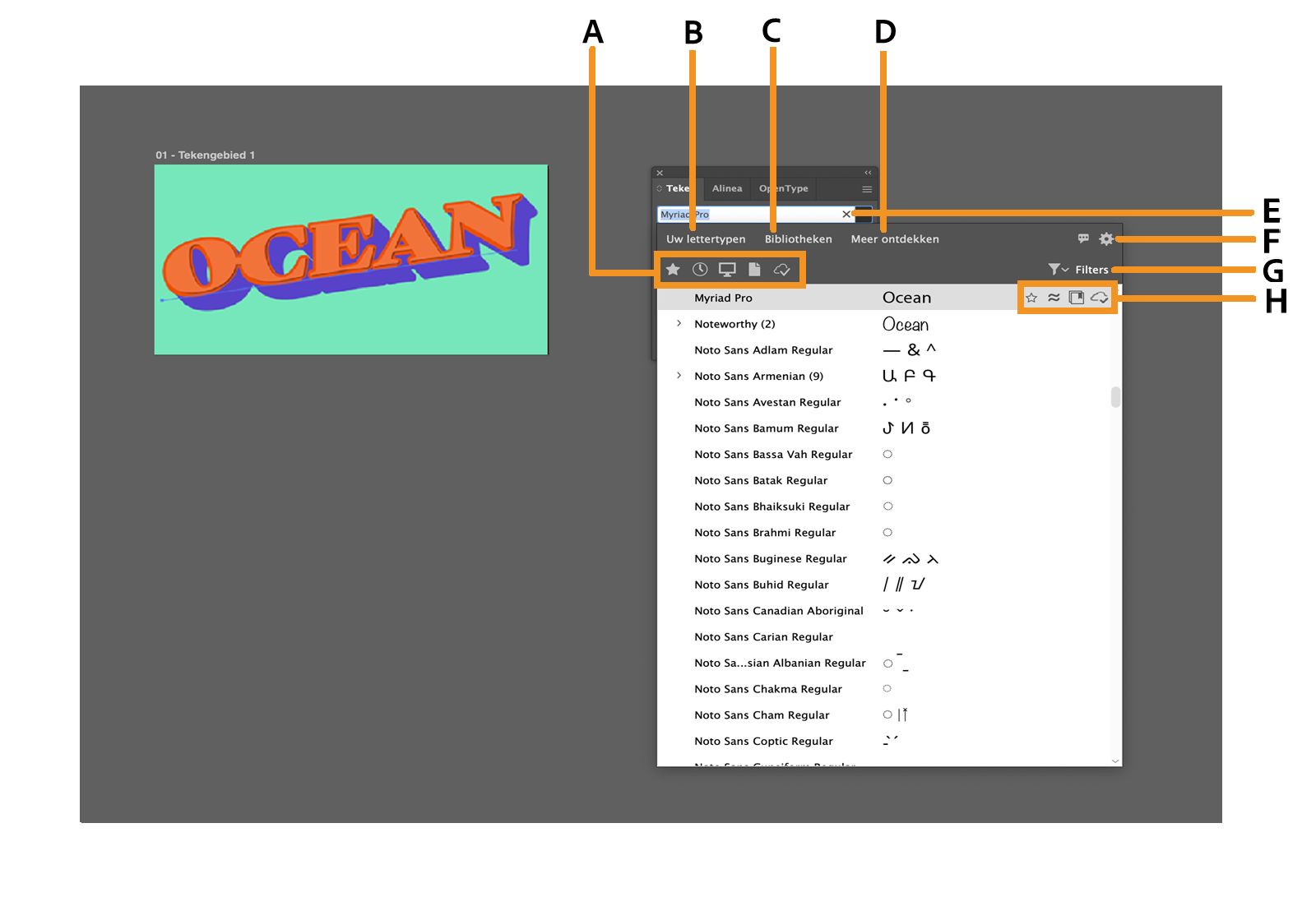 De lettertypebrowser met de snelfilters, tabbladen, instellingen, filters en lettertype-specifieke opties gemarkeerd.