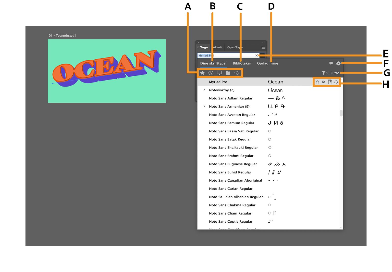 Skrifttypebrowseren med hurtige filtre, faner, indstillinger, filtre og skrifttypespecifikke indstillinger fremhævet.