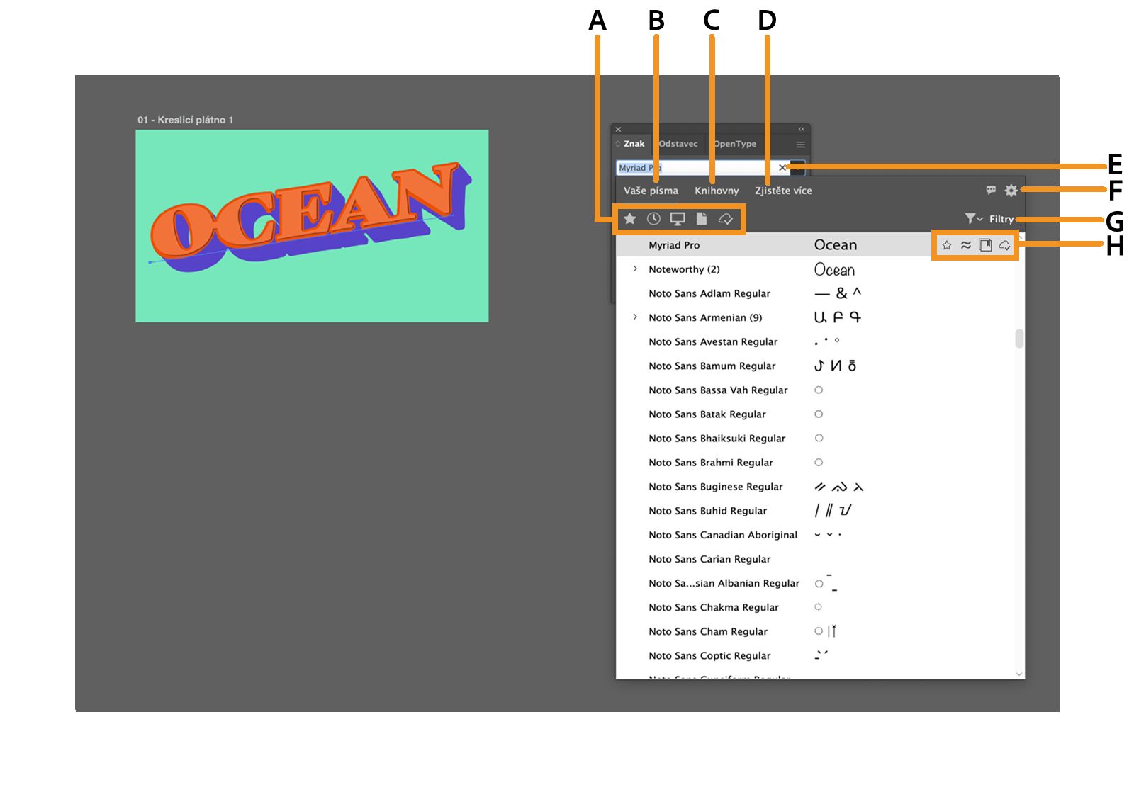 Prohlížeč písem se zvýrazněnými rychlými filtry, kartami, nastavením, filtry a možnostmi specifickými pro písma.