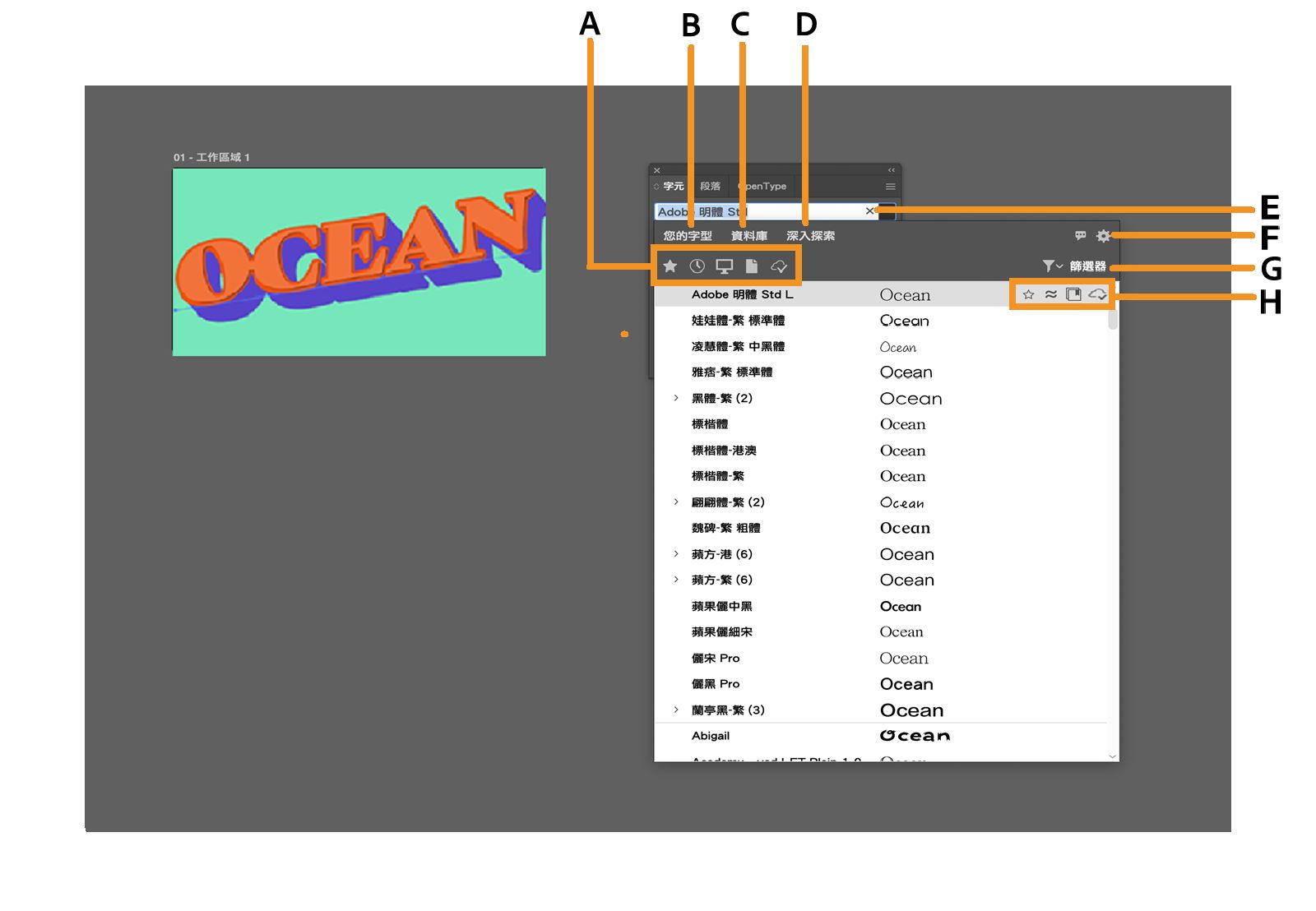 字型瀏覽器以及反白顯示的快速篩選器、標籤、設定、篩選器和特定字型選項。