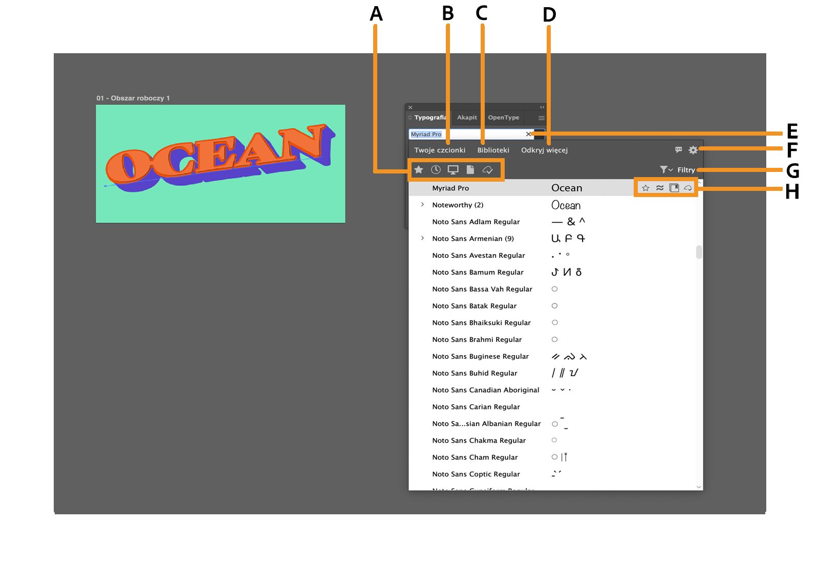 Przeglądarka czcionek z podświetlonymi szybkimi filtrami, kartami, ustawieniami, filtrami i opcjami dotyczącymi danej czcionki.