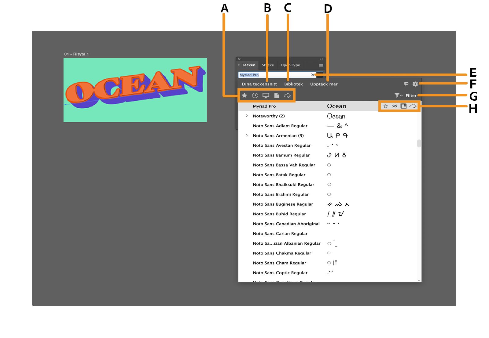 Teckensnittsbläddraren med snabbfilter, flikar, inställningar, filter och teckensnittsspecifika alternativ markerade.