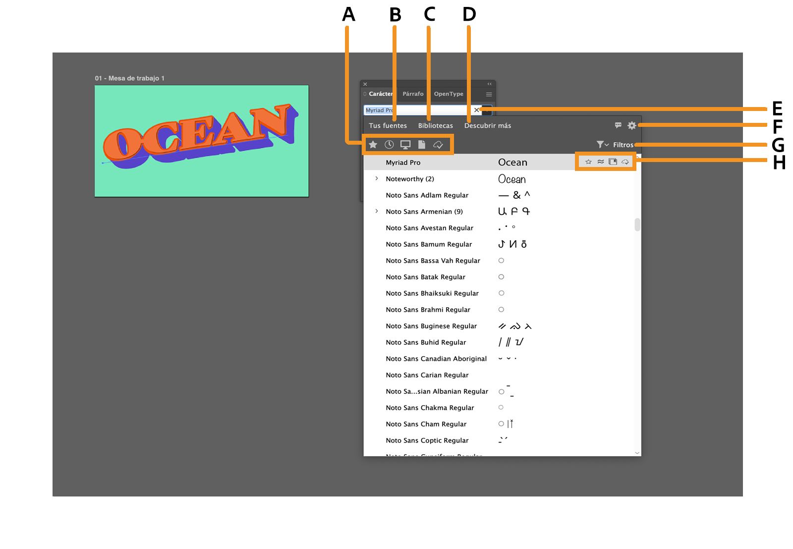 El explorador de fuentes con los filtros rápidos, las pestañas, los ajustes, los filtros y las opciones específicas de fuentes resaltados.