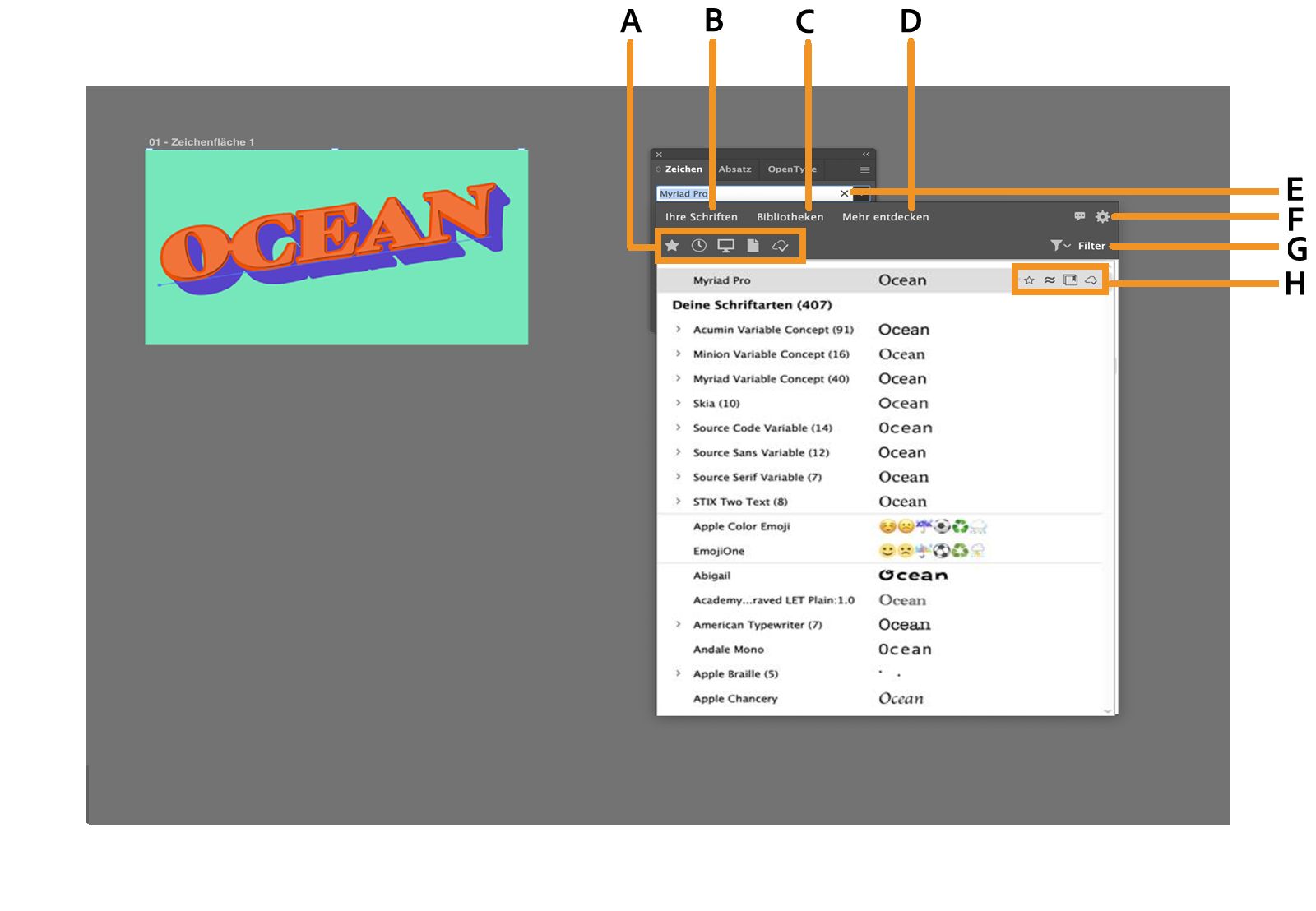 Der Schriftartenbrowser mit Schnellfiltern, Registerkarten, Einstellungen, Filtern und hervorgehobenen schriftartspezifischen Optionen.