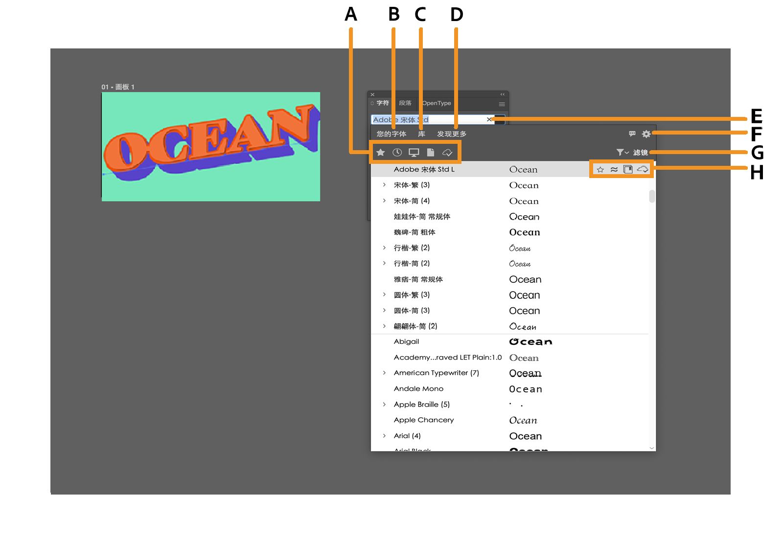 字体浏览器，其中突出显示了快速过滤器、选项卡、设置、过滤器和字体特定选项。