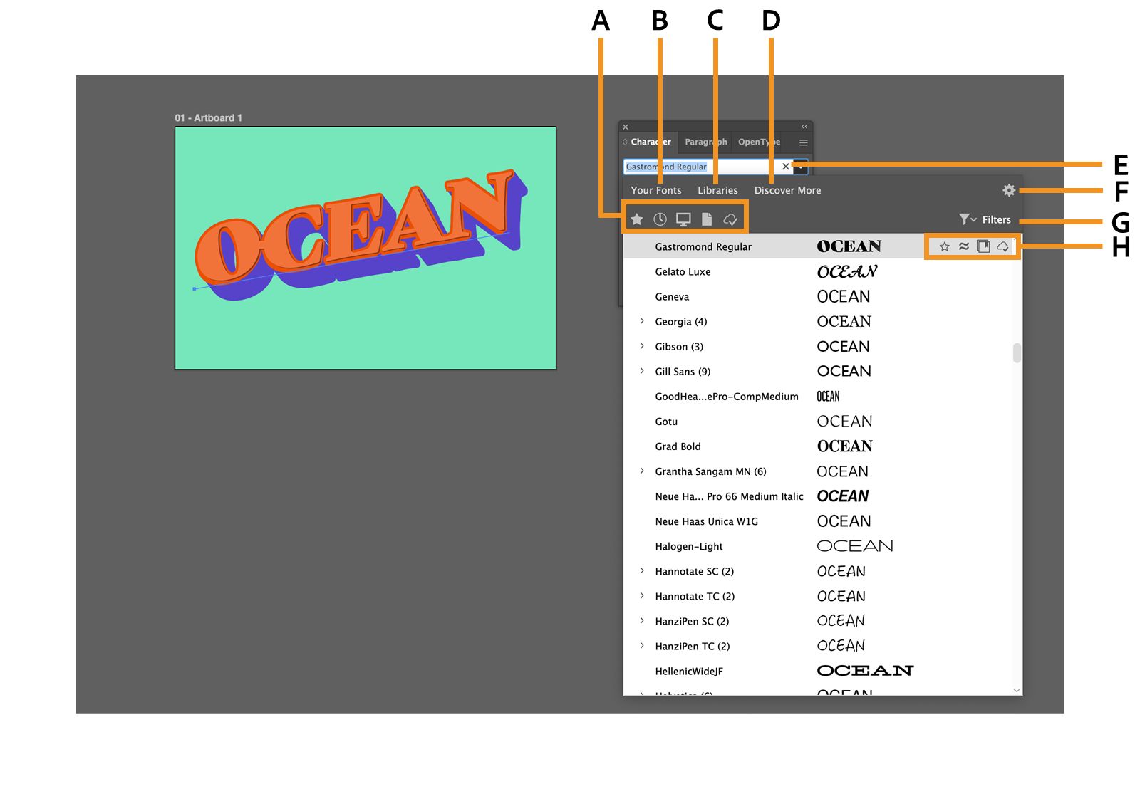 The font browser with the quick filters, tabs, settings, filters, and font-specific options highlighted.