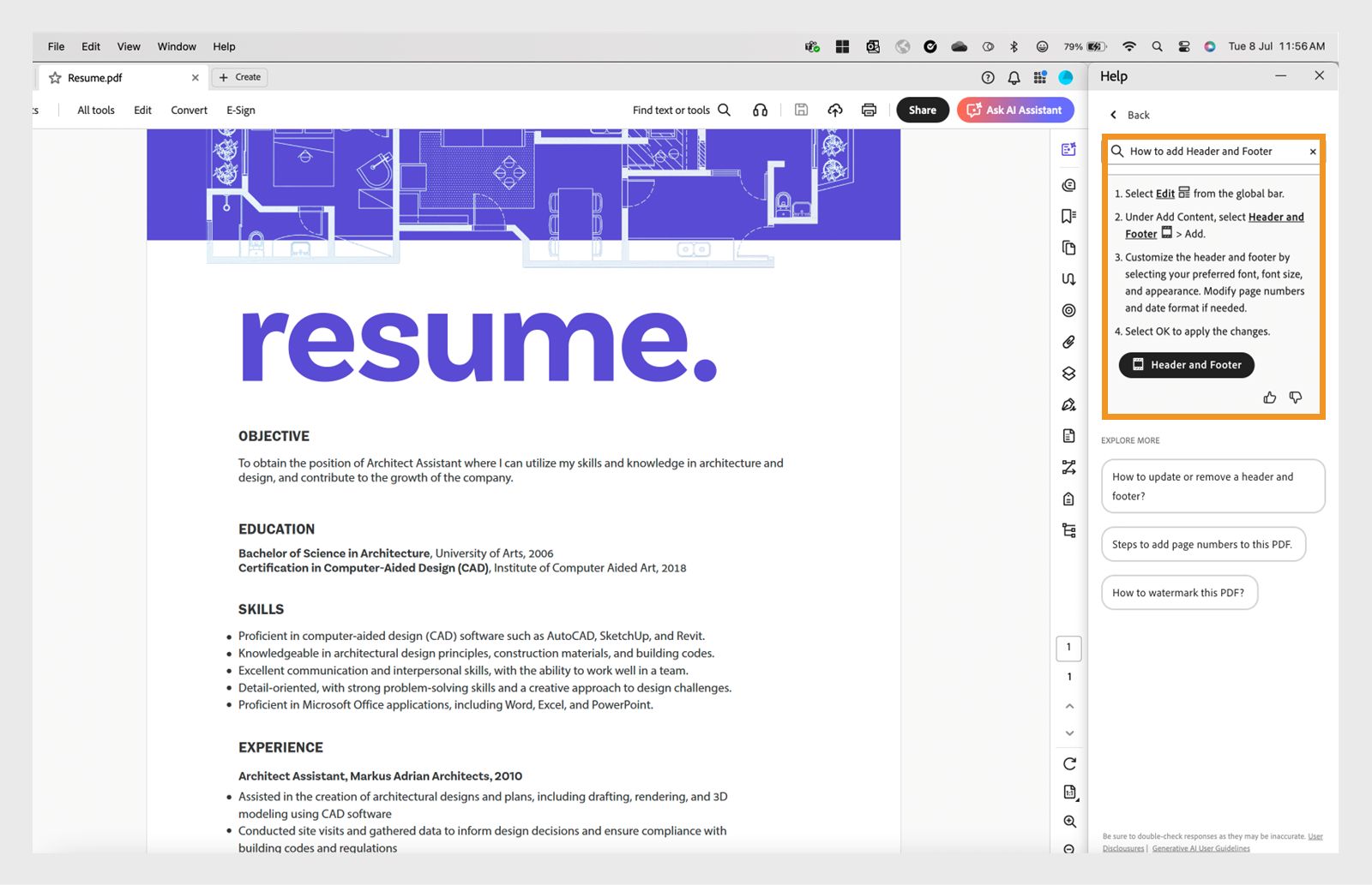Screenshot van het AI-powered deelvenster Help van Acrobat, met contextbewuste ondersteuning bij het gebruik van tools.