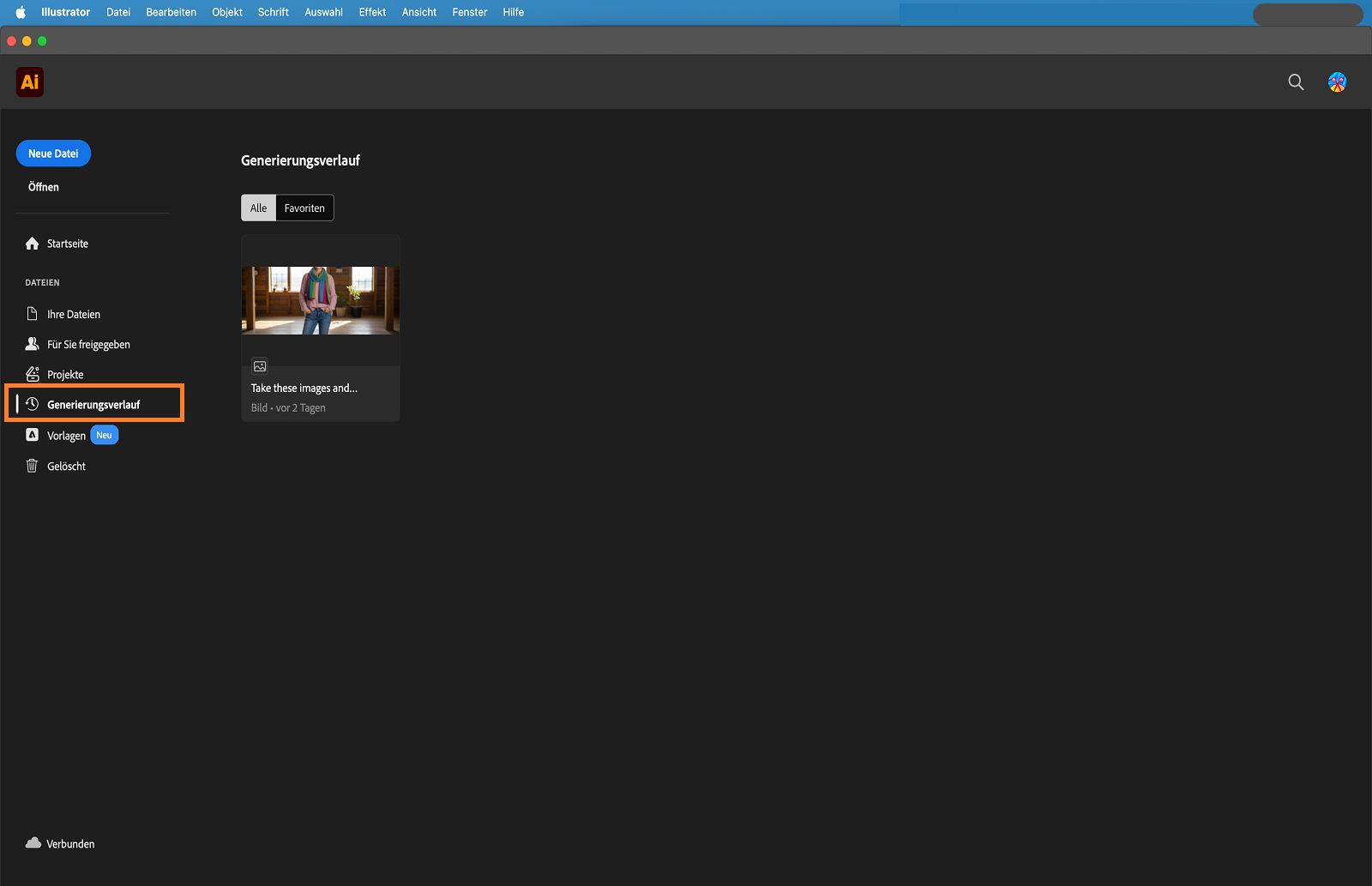 Startbildschirm mit hervorgehobener Registerkarte „Generierungsverlauf“.