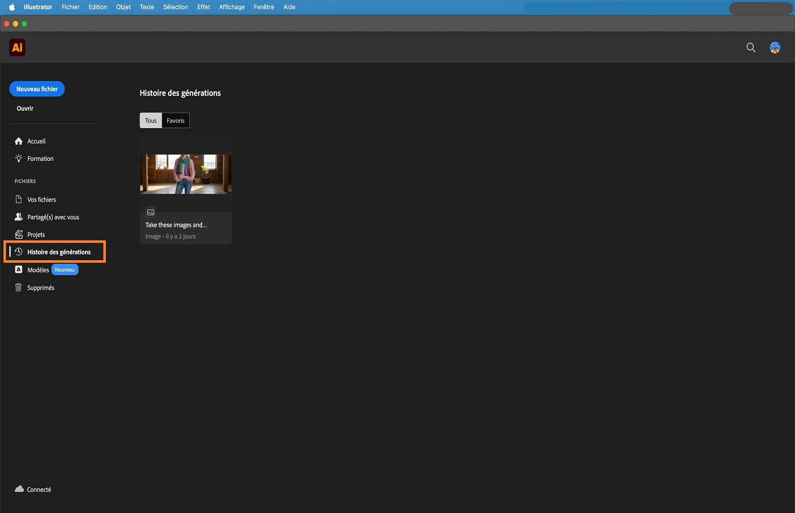 Écran d’accueil avec l’onglet Historique des générations en surbrillance.