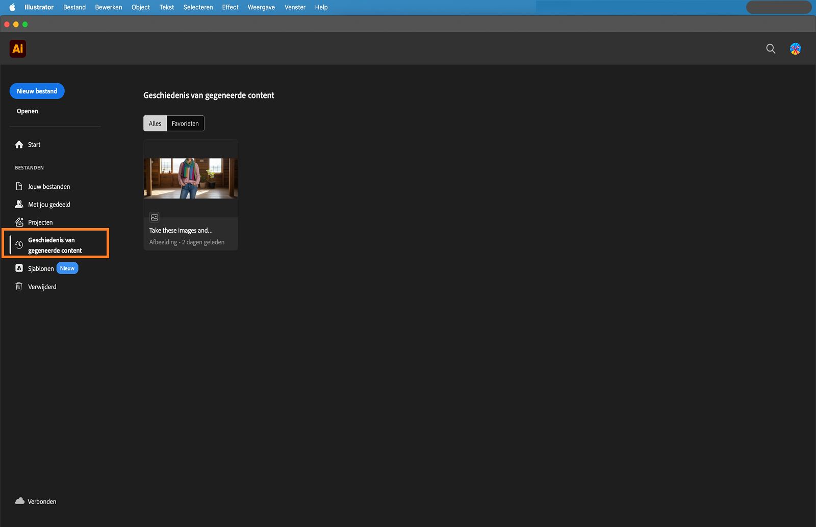 Startscherm met het tabblad Geschiedenis van gegenereerde content.