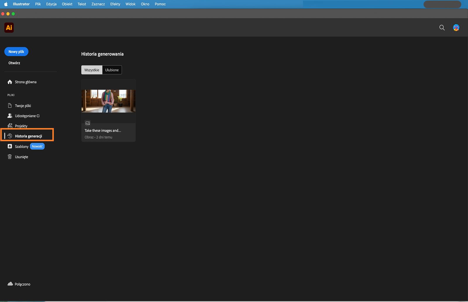 Ekran główny z podświetloną kartą Historia generacji.