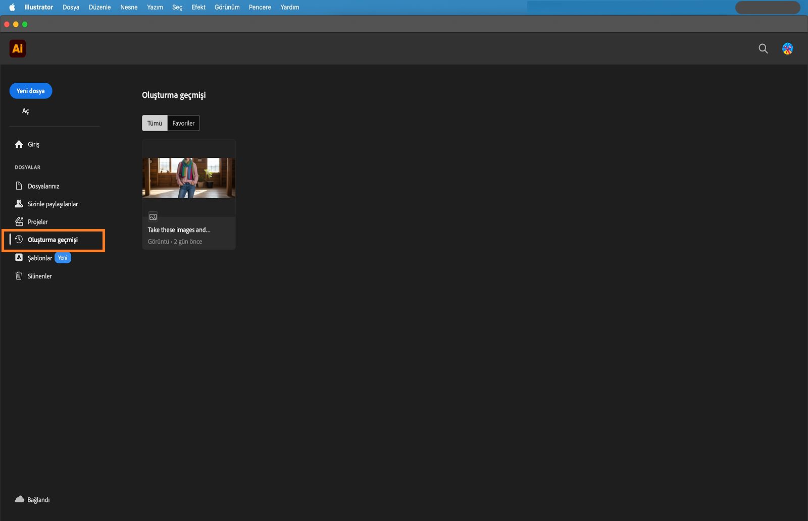 Oluşturma geçmişi sekmesinin vurgulandığı ana ekran.