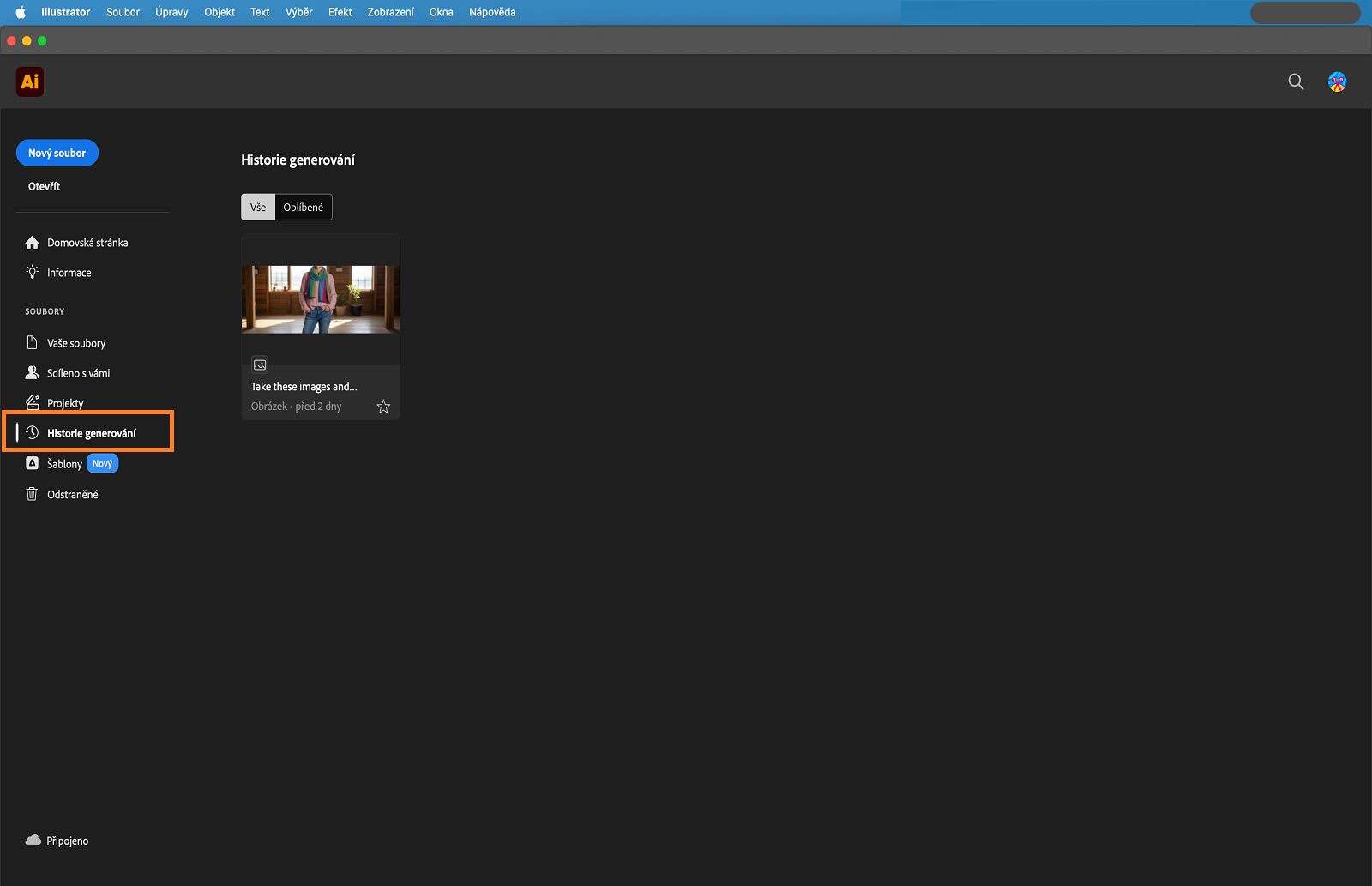 Domovská obrazovka se zvýrazněnou kartou Historie generování.