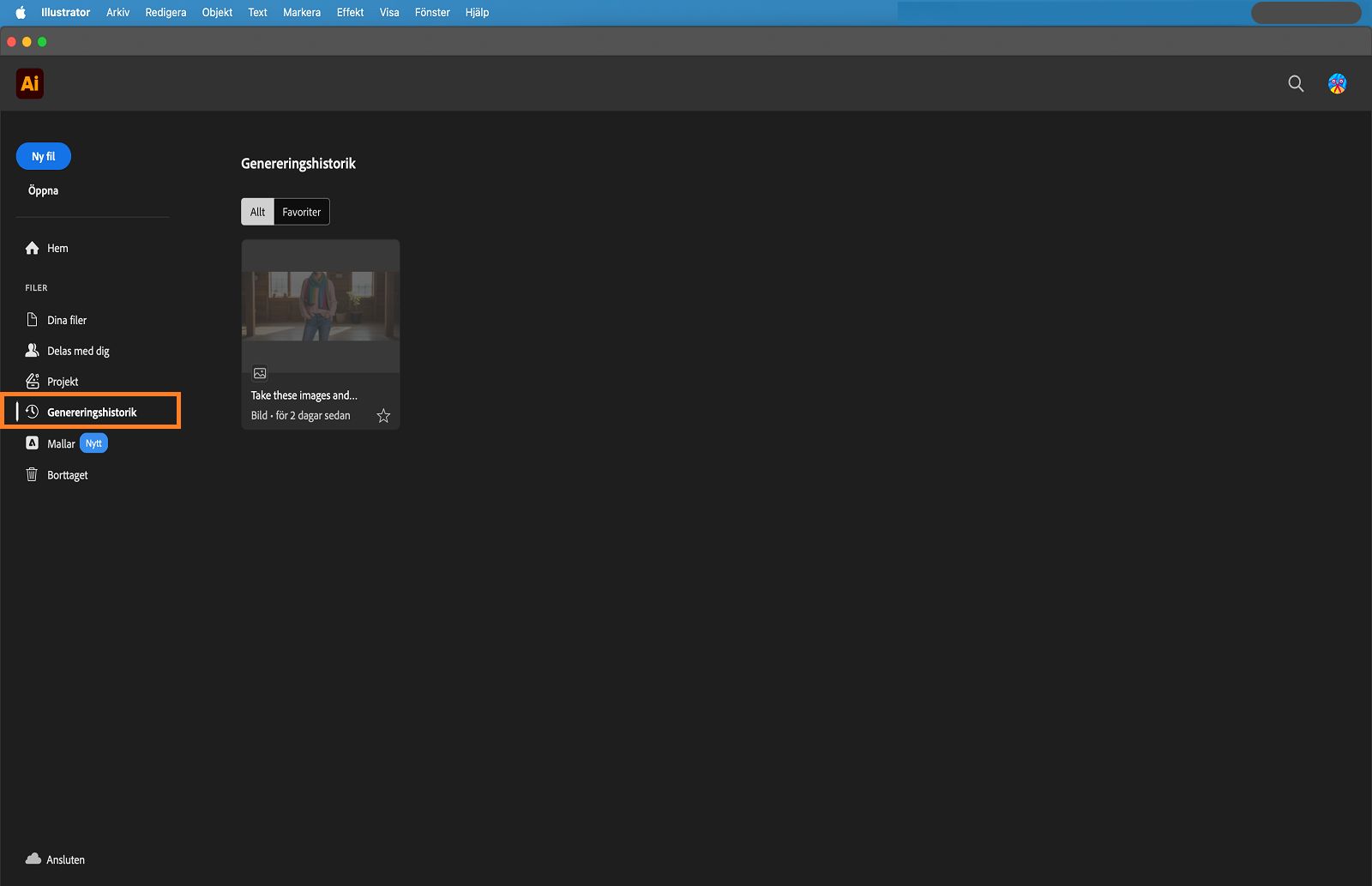 Hemskärm med fliken Genereringshistorik markerad.
