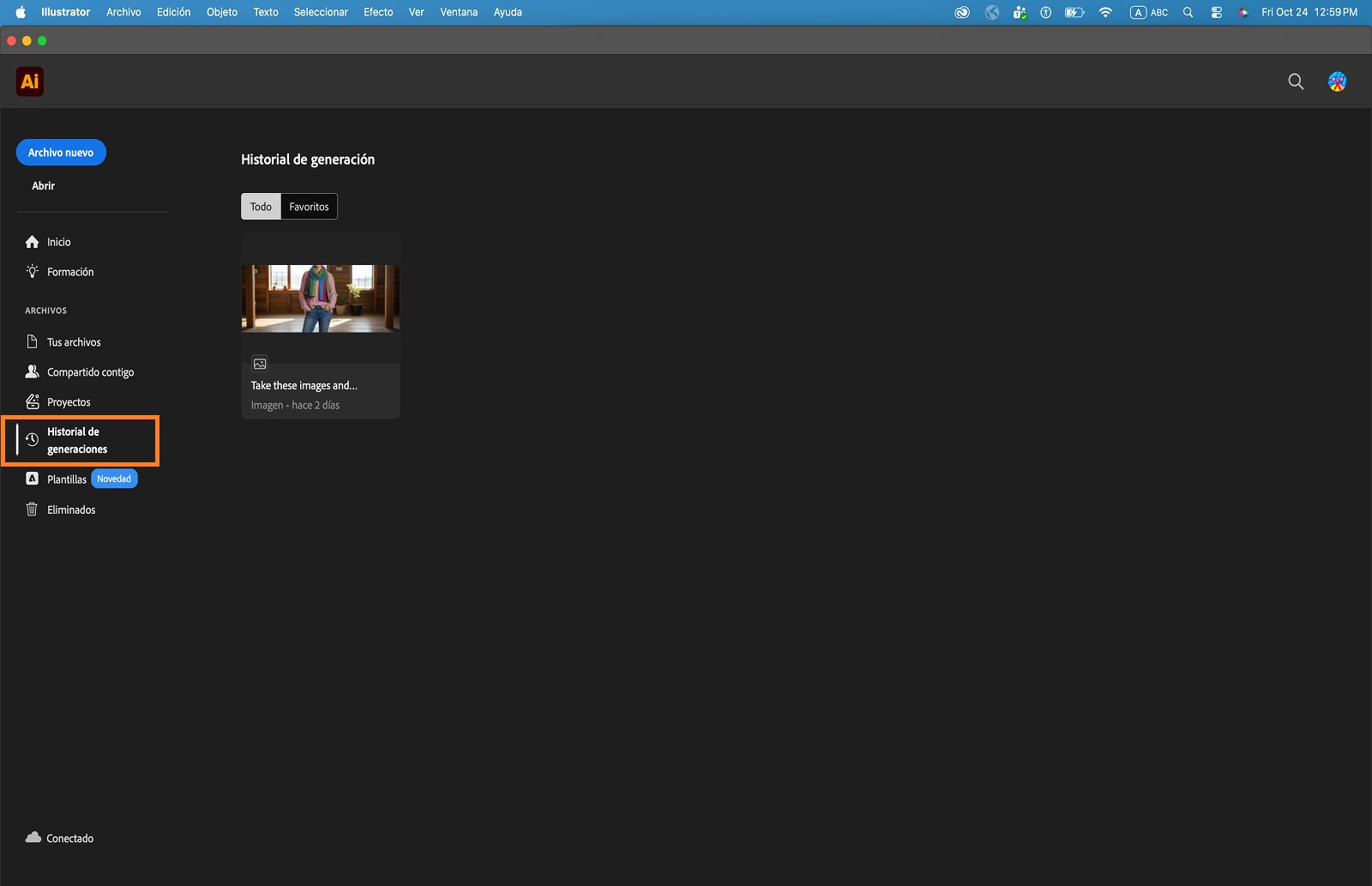 Pantalla de inicio con la pestaña Historial de generaciones resaltada.