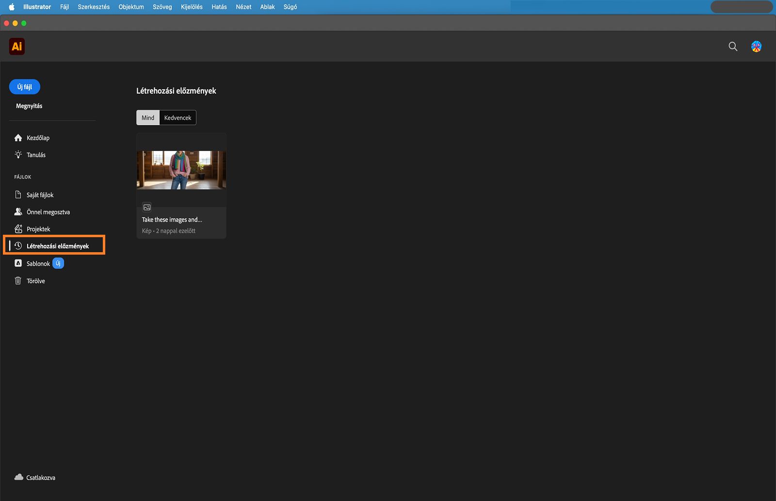 Kezdőképernyő kiemelt Létrehozási előzmények lappal.
