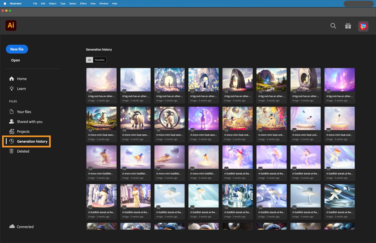 מסך הבית עם כרטיסיית ‘Generation history’ מודגשת.