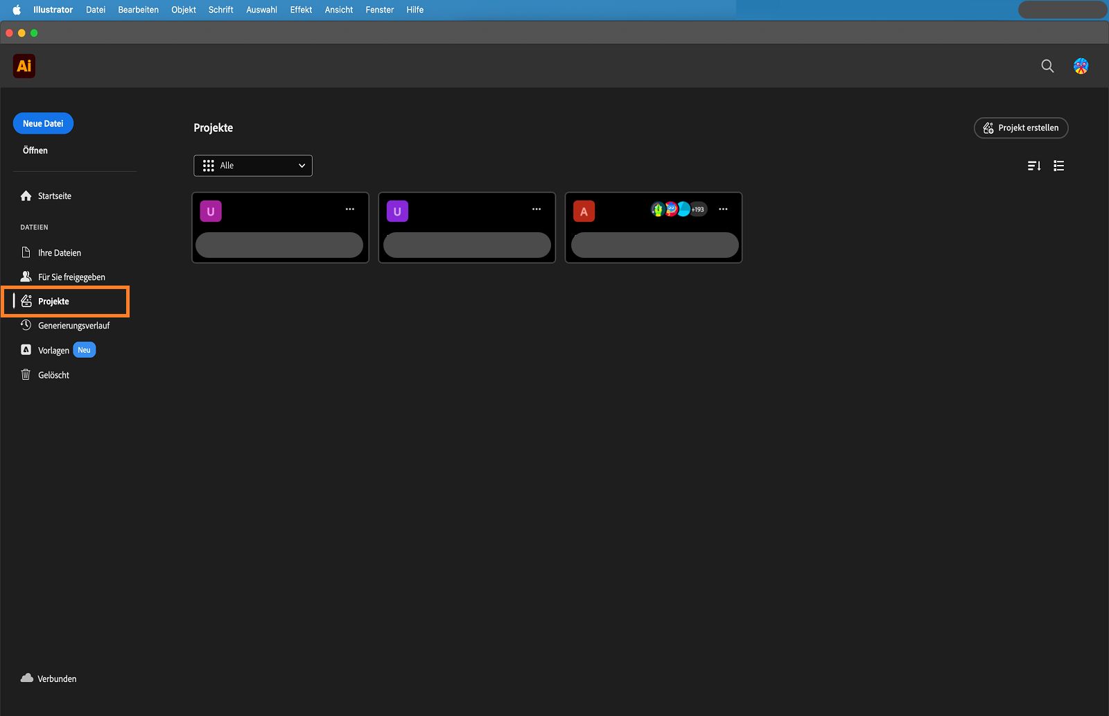Startbildschirm mit hervorgehobener Registerkarte „Projekte“.