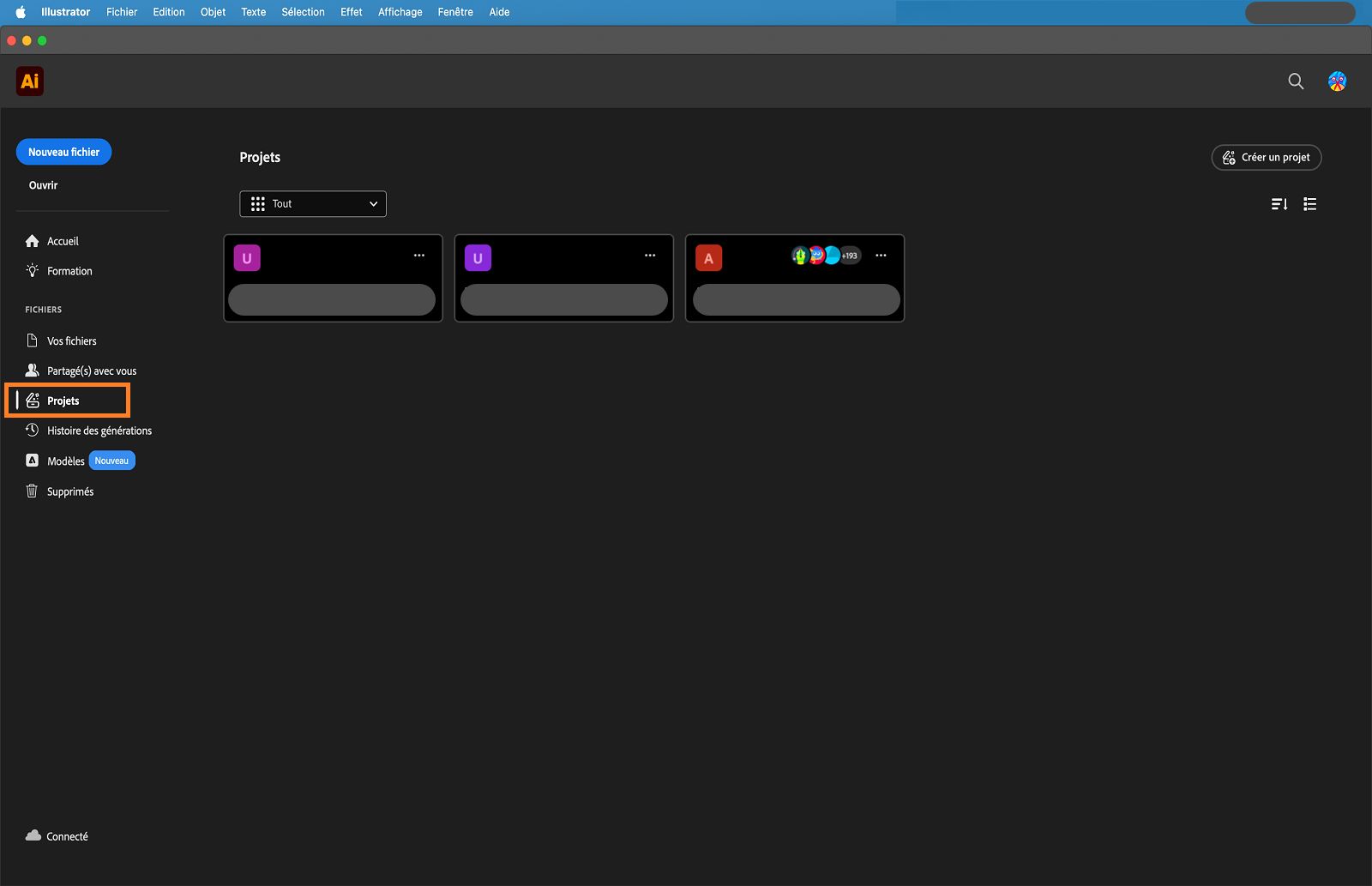 Écran d’accueil avec l’onglet Projets en surbrillance.