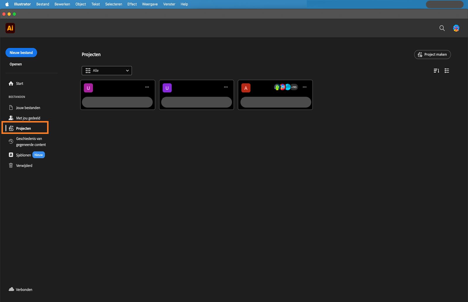 Startscherm met het tabblad Projecten gemarkeerd.