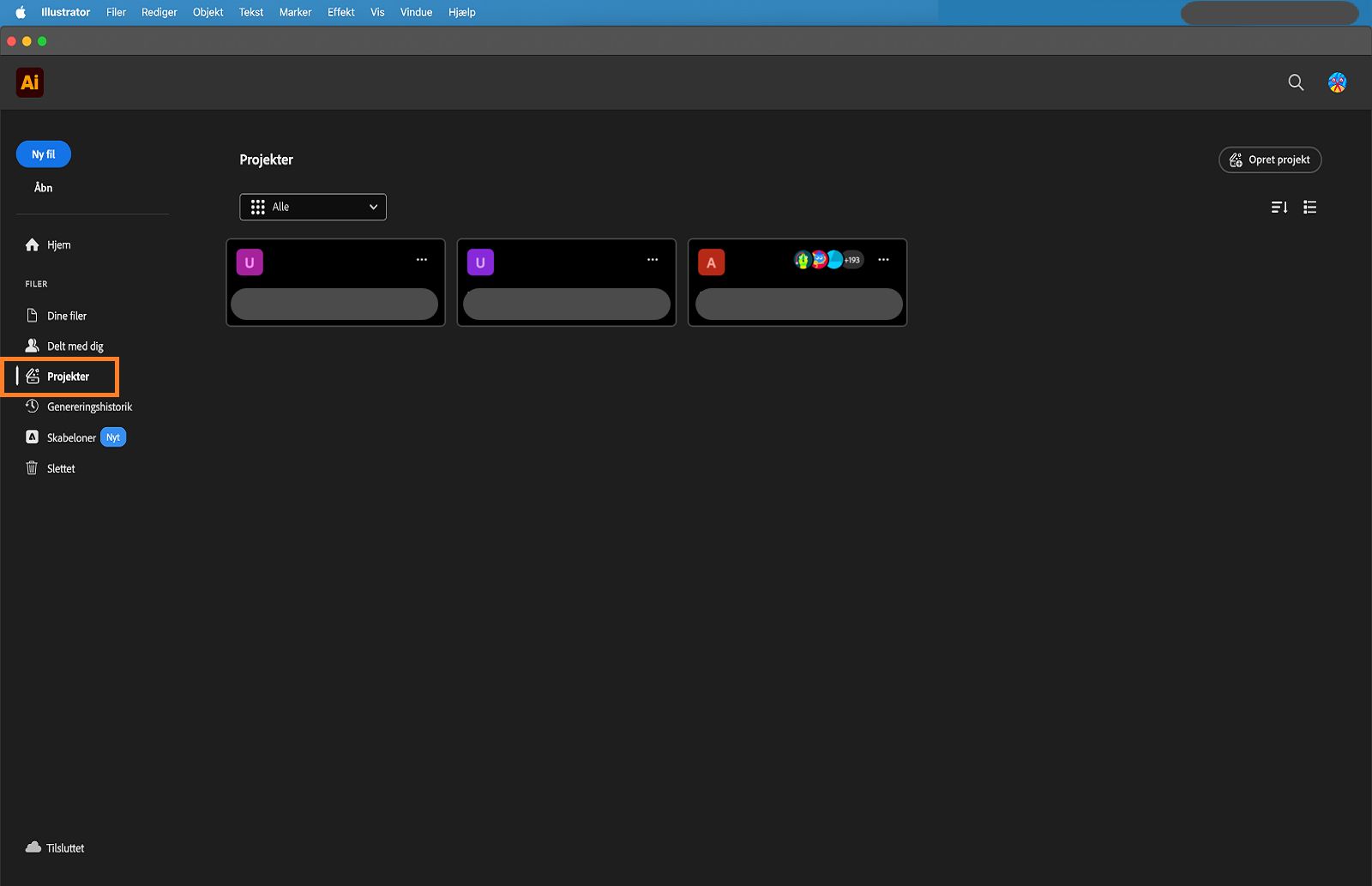 Startskærm med fanen Projekter fremhævet.
