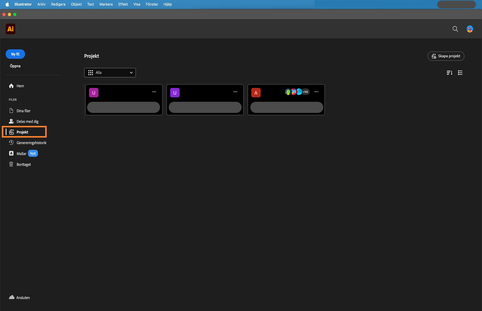 Hemskärm med fliken Projekt markerad.
