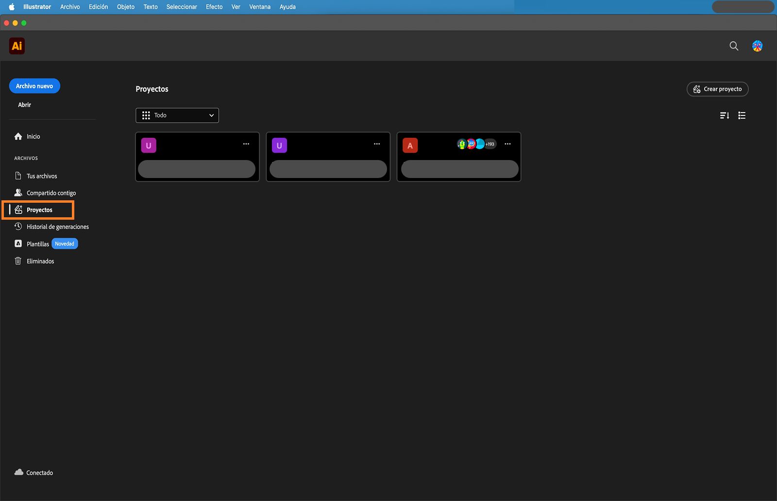 Pantalla de inicio con la pestaña Proyectos resaltada.