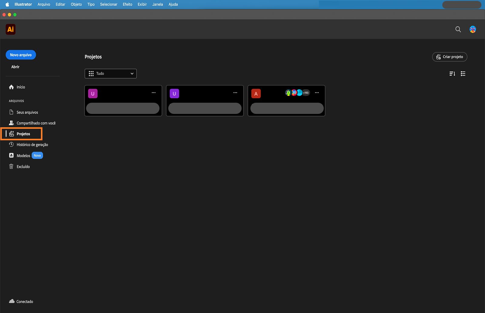 Tela inicial com a guia Projetos destacada.