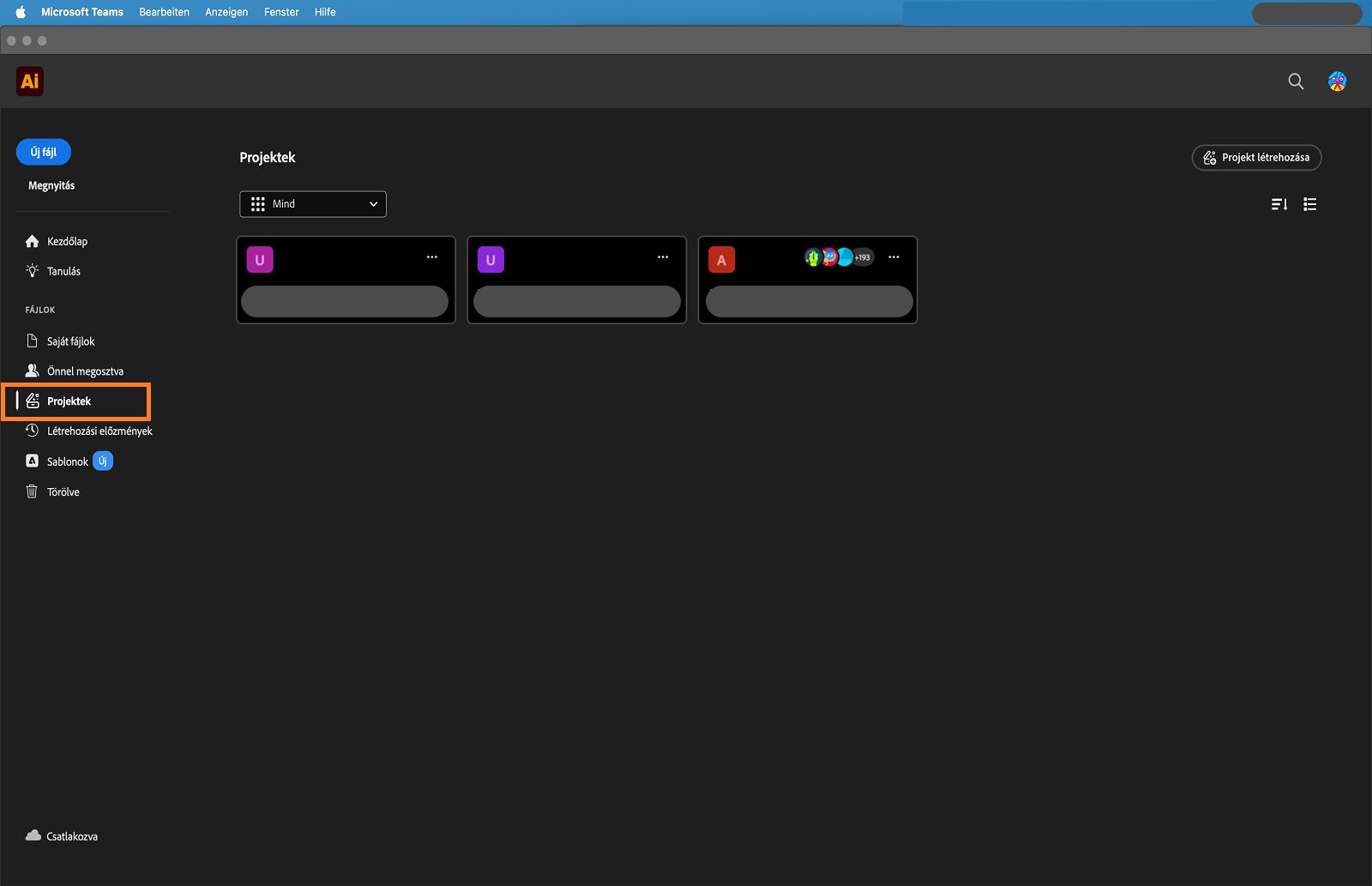 Kezdőképernyő kiemelt Projektek lappal.