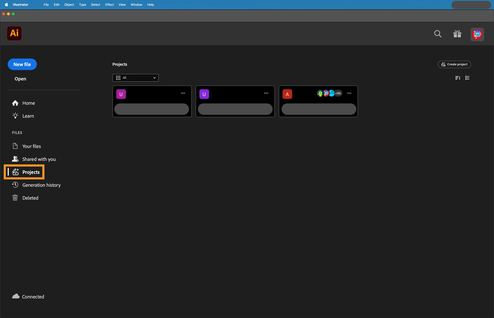 Homescreen with the Projects tab highlighted.