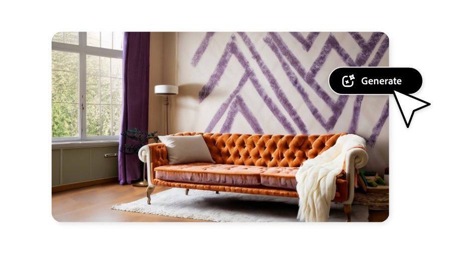 Living room with orange sofa, wood floors, purple and cream wallpaper and large window