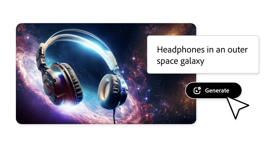 An image of headphones in an outer space galaxy being generated in Adobe Express