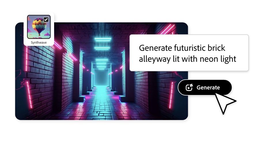 Futurist brick alleyway lit with neon lights being generated in Adobe Express