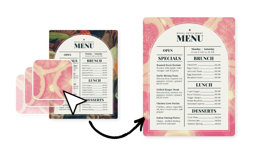 Image of orange and pink grapefruit slices being added as a background to a menu template in Adobe Express