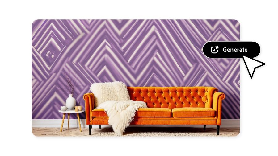 Image of a burnt orange sofa with a sheepskin throw on the arm in front of cream and purple zigzagged wall