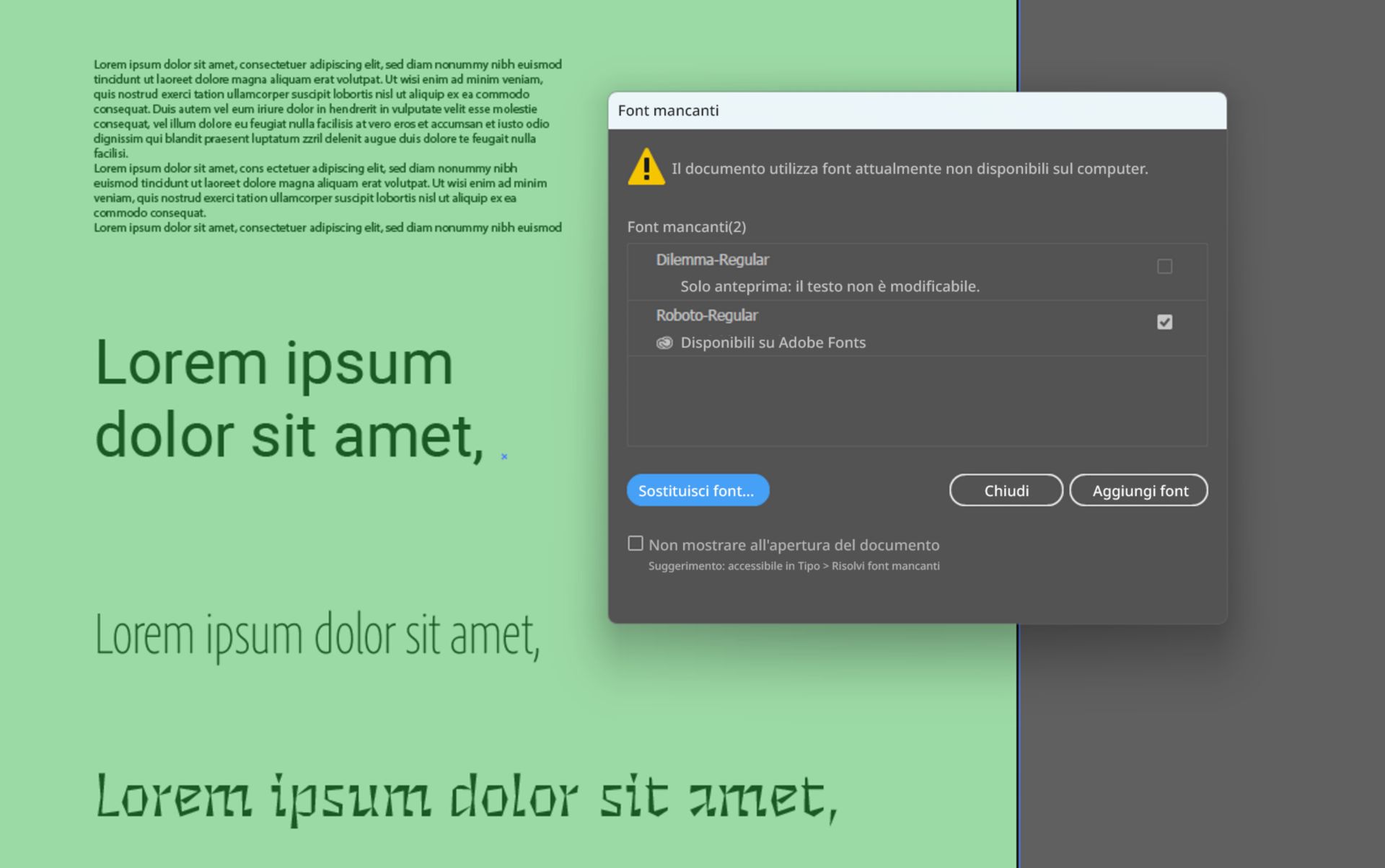 Finestra di dialogo Font mancanti con un font Solo anteprima e un font disponibile in Adbe Fonts.