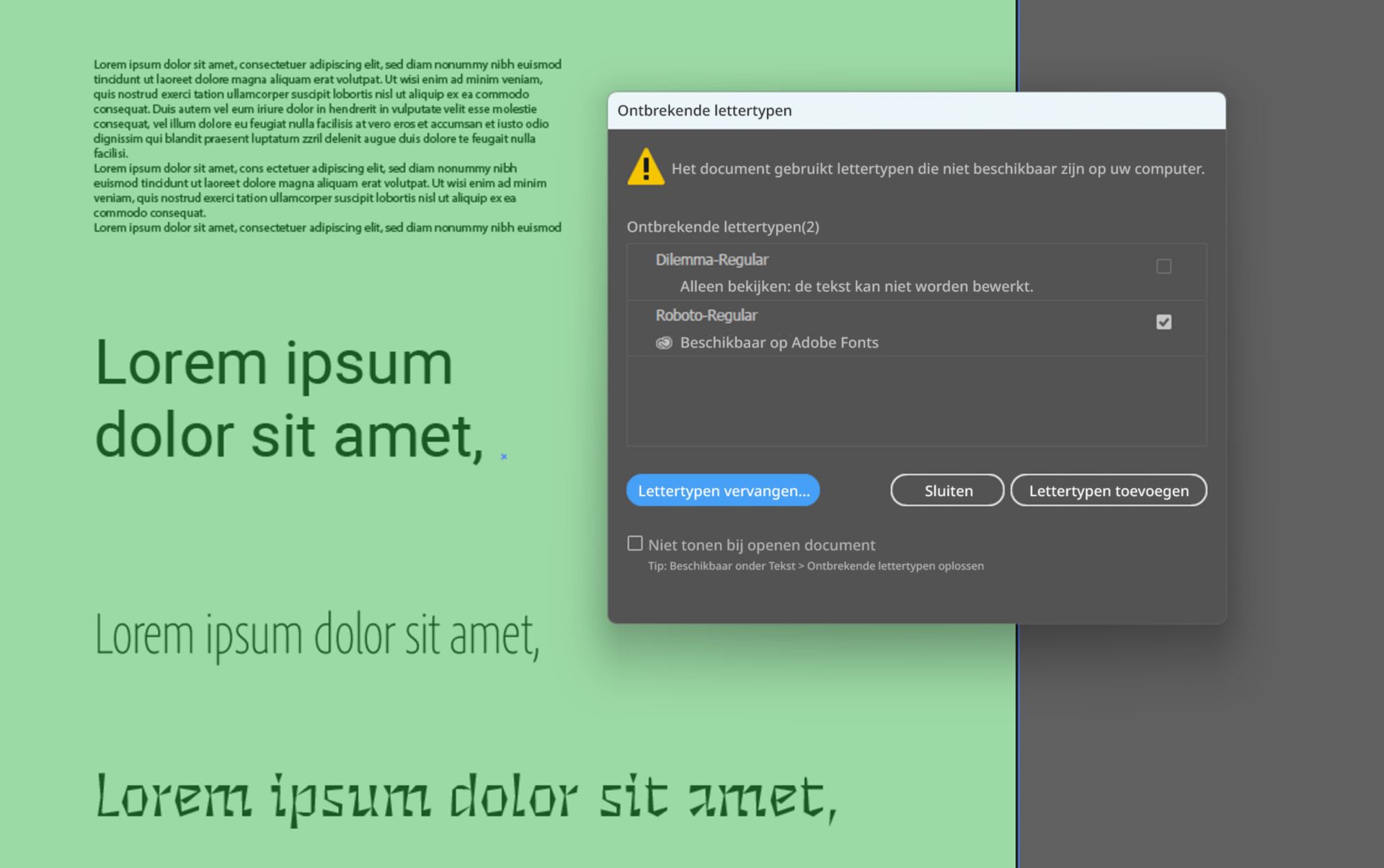 Het dialoogvenster Ontbrekende lettertypen met een lettertype dat alleen kan worden voorvertoond en een lettertype dat beschikbaar is in Adobe Fonts.