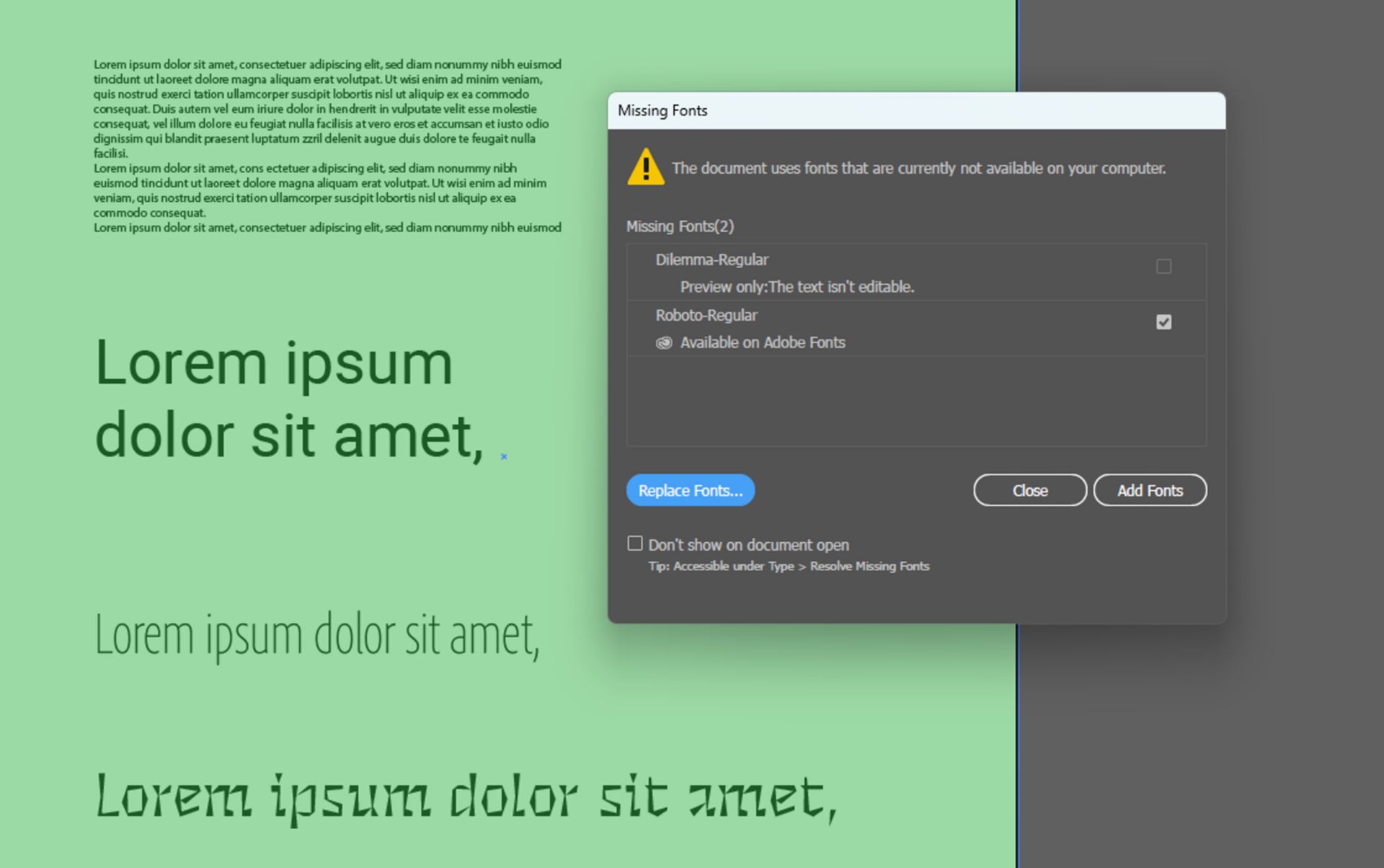 Missing Fonts dialog with a Preview only font and a font available in Adbe Fonts.